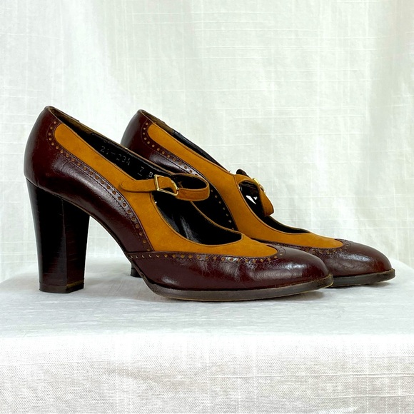 Vintage MISS REFREW Spectator Leather Suede Mary Janes Heels brown made in Italy - Picture 2 of 16